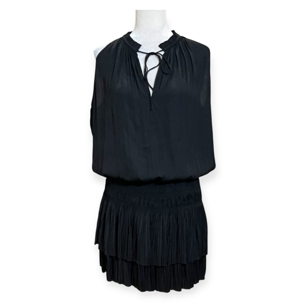 Rielle Black Sleeveless Pleated Tiered Dress Size L Tie Neck Smocked Waist